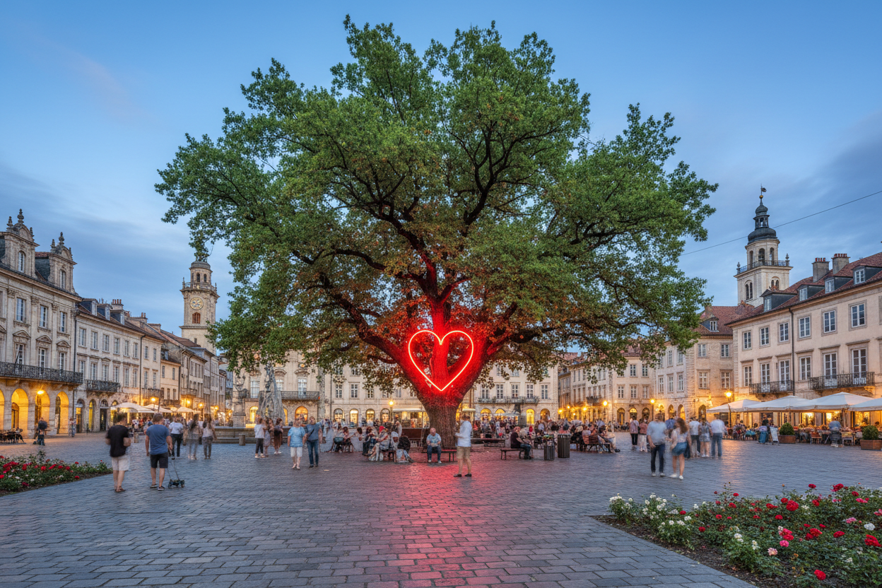 Baum auf einem Stadtplatz mit Herz